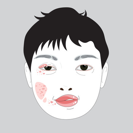 Close-up young woman's face allergy has swollen lips, red eyes, and red spots on her face.のイラスト素材