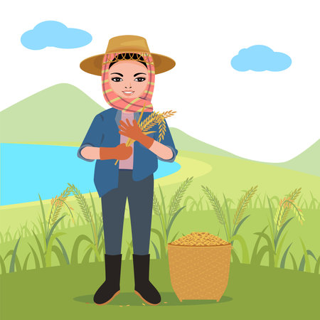 Farmers harvest crops, with fields and ponds in the background.のイラスト素材