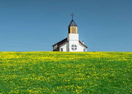 Small rural church in a field with yellow flowersの写真素材