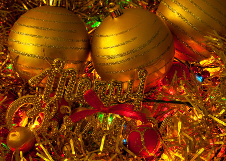 Christmas decorations with globes and Merry Christmas