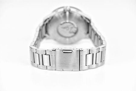 Silver wristwatch automatic with bracelet on white backgroundの写真素材