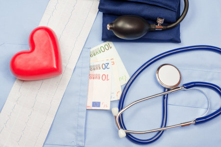 Money in the pocket of a medical uniform, heart, electrocardiogram, stethoscope and...