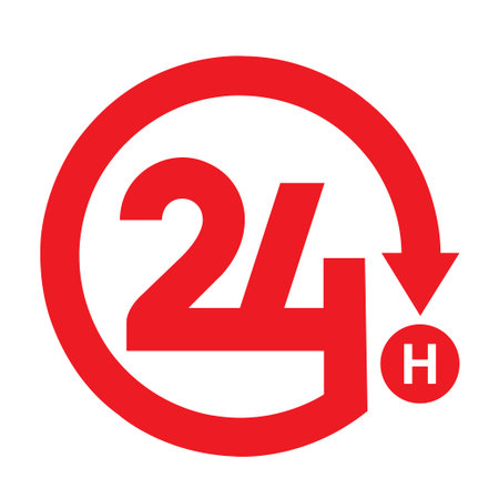24 hours red circle sign with arrow