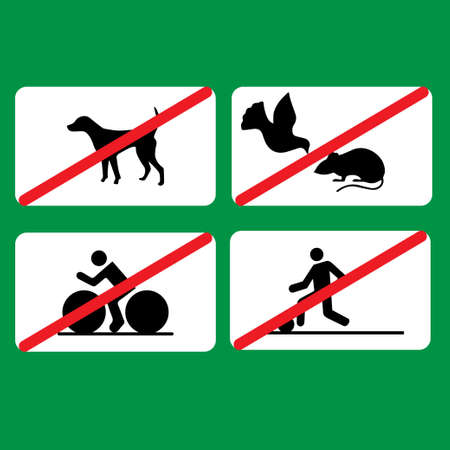 Several prohibitions signs in the park: no cycling, no dogs, no football, donât feed pigeonsのイラスト素材