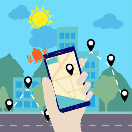 Hand holding a smartphone with navigation application on itのイラスト素材