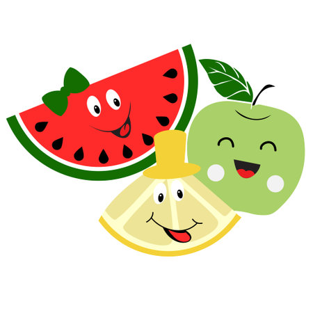 Cute set with funny faces of watermelon, lemon and green appleのイラスト素材
