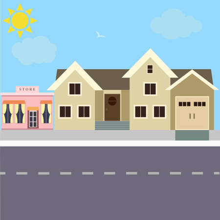 City street with urban buildings on a sunny dayのイラスト素材