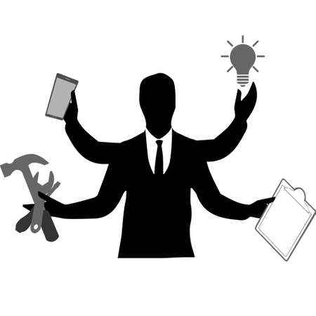 Manâs silhouette with many hands holding different objects, multitasking and productivity conceptのイラスト素材