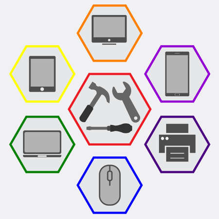 Repairing tools for computer, tablet, printer, smartphone, laptop, mouseのイラスト素材