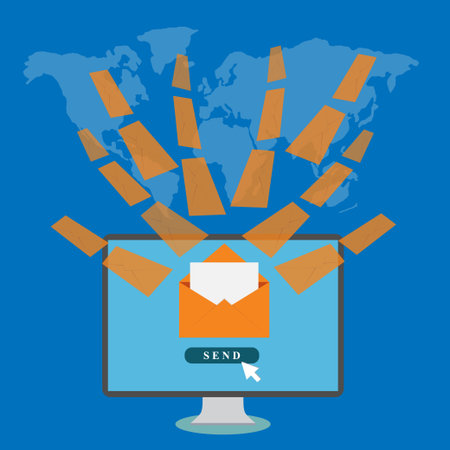Desktop with envelopes  on world map background, email conceptのイラスト素材