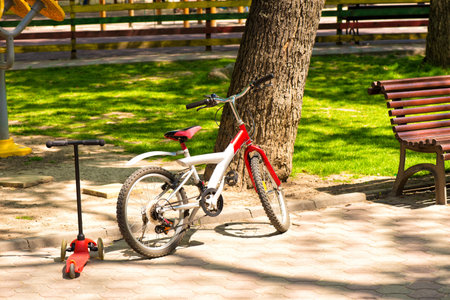 Bicycle and scooter for kids in the park