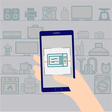 Scanning products with the mobile phone, conceptual vectorのイラスト素材