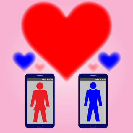 Two mobile phones with silhouettes of a man and a woman and heartsのイラスト素材