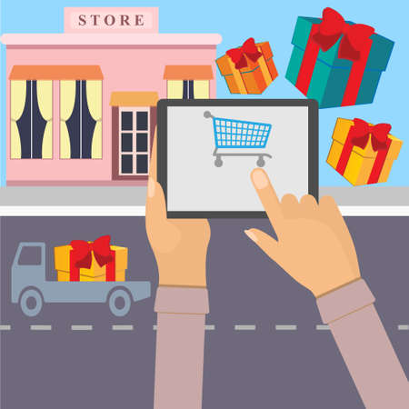 Human hands holding a tablet with shopping cart, online shopping conceptのイラスト素材