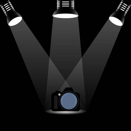 Photo camera illuminated by three searchlights, conceptual vectorのイラスト素材