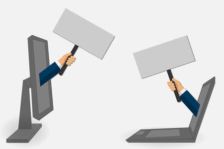 Hand come out of computer screen holding an empty boardのイラスト素材