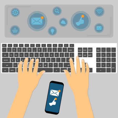 Top view of hands using keyboard with the smartphone between them, internet conceptのイラスト素材