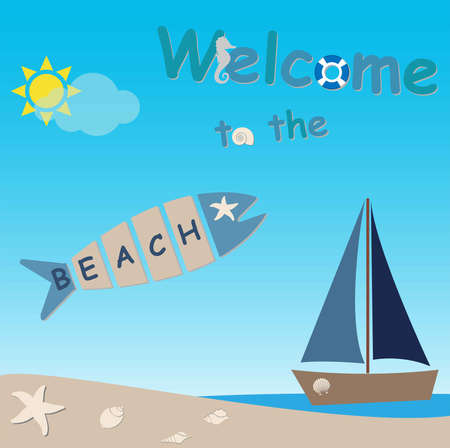 Sea landscape with fish and boat and with the text "welcome to the beach"のイラスト素材