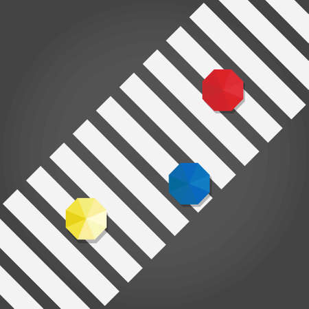 Top view of a three umbrelas: yellow, blue and red on a pedestrian crosswalkのイラスト素材