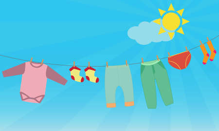 Child washed clothes on the clothesline outdoors on a sunny dayのイラスト素材
