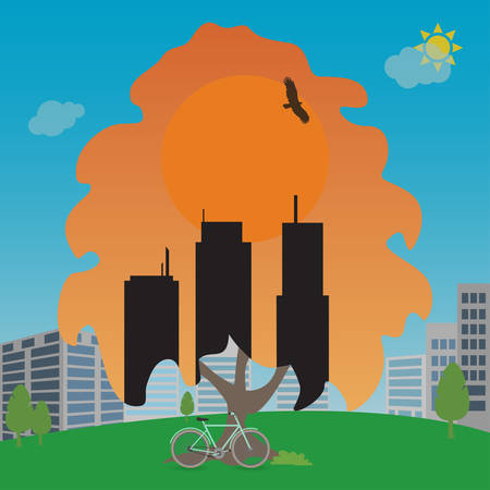 Tree with three building silhouettes inside of itのイラスト素材