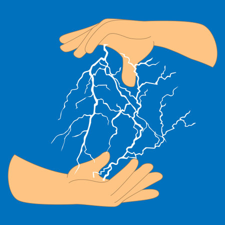 Human hands and lightning flash bolt, conceptual vector