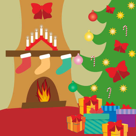 Fir tree and fire place decorated for Christmas indoorsのイラスト素材