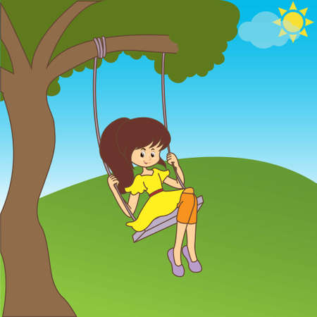 Little girl on a swing outdoors in natureのイラスト素材