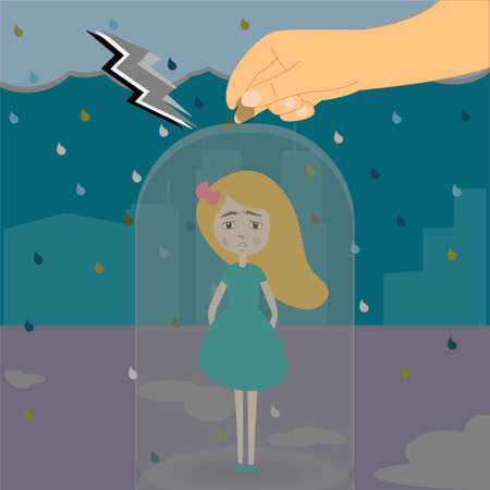 Girl kept under glass bell, excessive protection conceptのイラスト素材