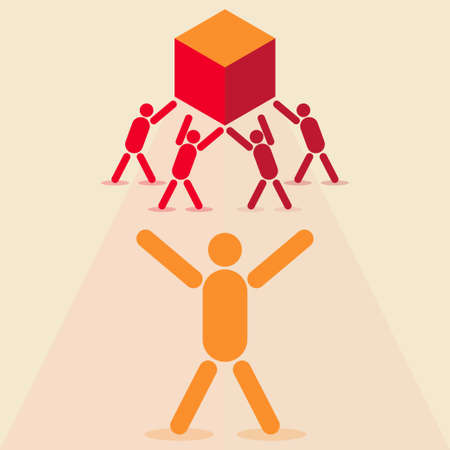 Four people lifting a heavy box while another one coordinates themのイラスト素材