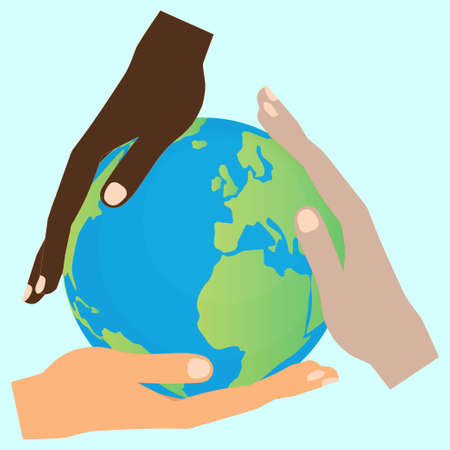 Three hands of different human races holding the globeのイラスト素材