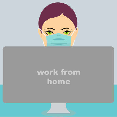 Young woman wearing a mask in front of a computer with the text âwork from homeâのイラスト素材