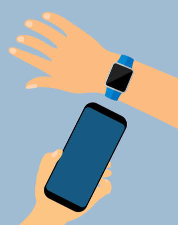 Hand wearing a smartwatch connected to a smartphoneのイラスト素材