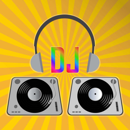 Two vinyl records and headphones with the text djのイラスト素材