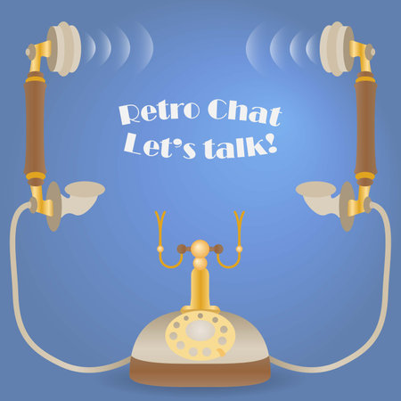 Two old telephone receivers with text âRetro Chat Letâs talk!â between themのイラスト素材