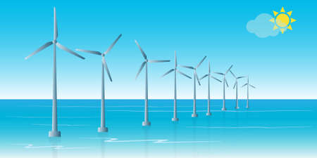 Windmills on the sea in the water, green energy conceptのイラスト素材