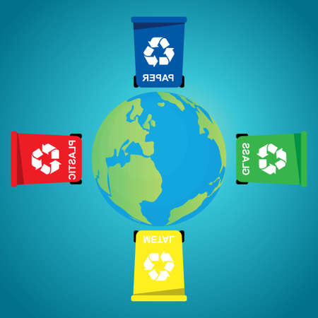 Selective collection of garbage colored containers with inscriptions for separate waste around the globeのイラスト素材