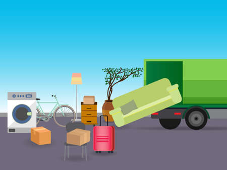 Sofa and other objects ready to be put in a van, furniture transportation vectorのイラスト素材