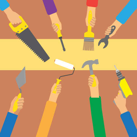Hands holding different tools used in different professionsのイラスト素材