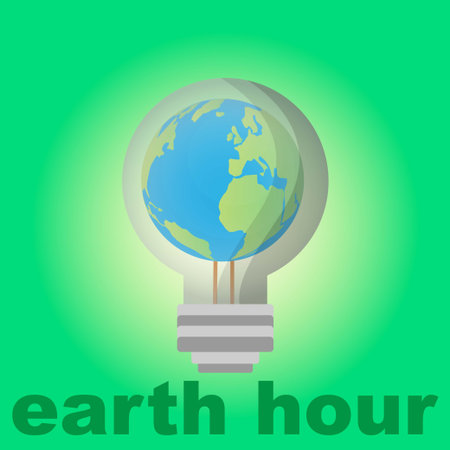 Earth globe in bulb on green background with the text earth hourのイラスト素材