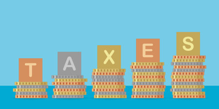 Piles of coins with âtaxesâ text on them, taxes conceptのイラスト素材