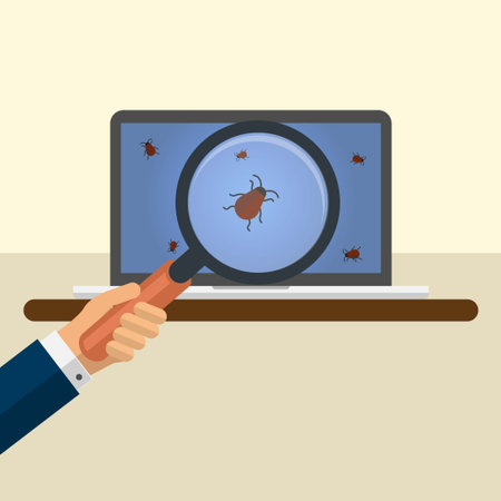 Hand holding a magnifying glass with bugs on a laptop screen