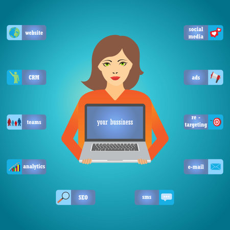 Young woman holding a laptop with the text âyour businessâon the screenのイラスト素材