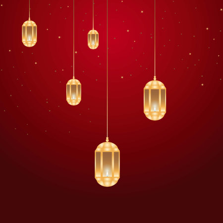 Lighted lanterns hanging on red background, conceptual vector