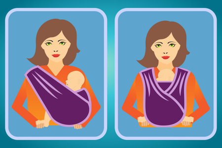 Two icons of a woman with her baby in a sling showing two different positionsのイラスト素材