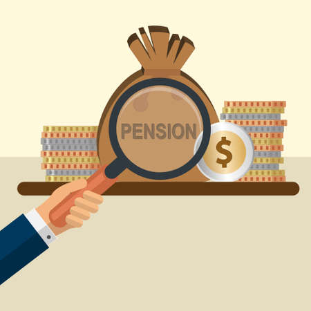 Hand with magnifying glass in front of a sack with the text pensionのイラスト素材