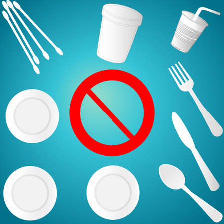 Single use plastic objects with prohibition signのイラスト素材