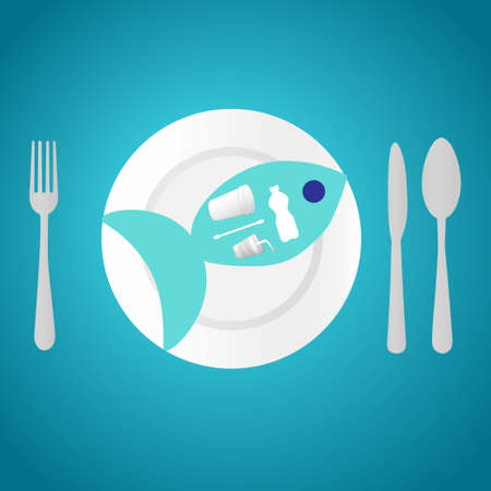 Fish with single use plastic objects in it on a plateのイラスト素材