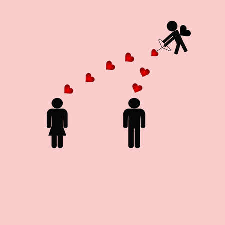 Cupido with bow sending hearts to a man and a womanのイラスト素材