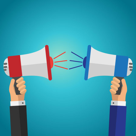 Hands holding two loudspeakers, conceptual vectorのイラスト素材